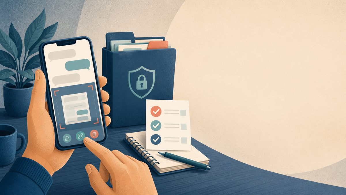 هاتف ولقطة شاشة رمزية وملف آمن لتوضيح حفظ الأدلة الرقمية.