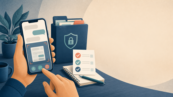 هاتف ولقطة شاشة رمزية وملف آمن لتوضيح حفظ الأدلة الرقمية.