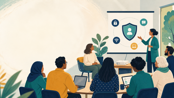 مجموعة متنوعة تشارك في ورشة توعية رقمية أمام عرض عن الخصوصية والحماية.